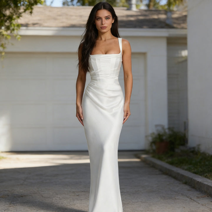 Damen Elegantes Satin-Maxikleid mit schulterfreiem Design und figurbetontem Schnitt Drune