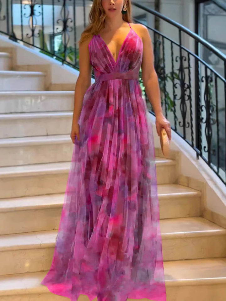 Damen Elegantes Maxikleid mit schwingendem Rock und raffiniertem V-Ausschnitt Drune