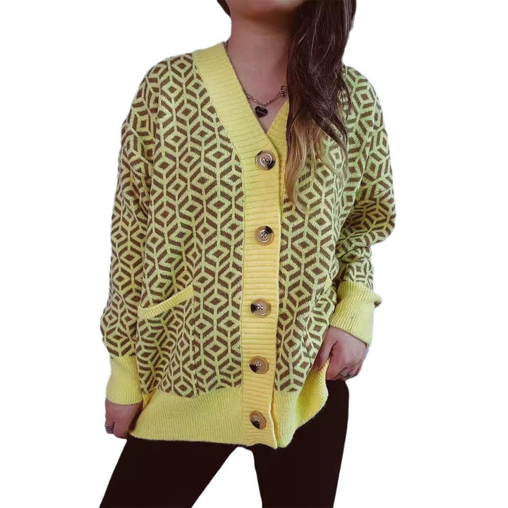 Damen Strickjacke mit geometrischem Muster und Knopfdetails Drune