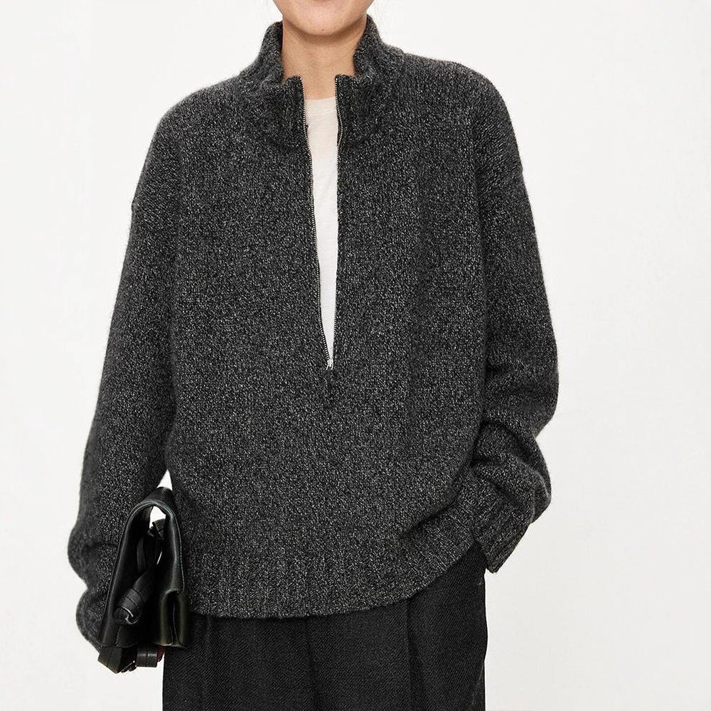 Damen Grobstrickpullover mit hohem Kragen und halber Reißverschluss Drune