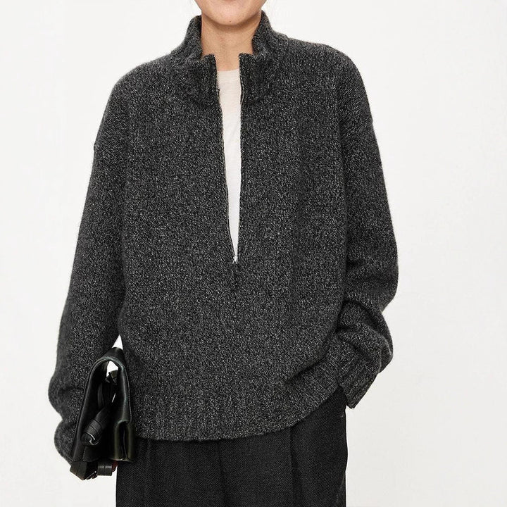 Damen Grobstrickpullover mit hohem Kragen und halber Reißverschluss Drune