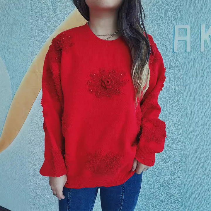 Damen Strickpullover mit romantischen Blumenapplikationen und weichem Material Drune
