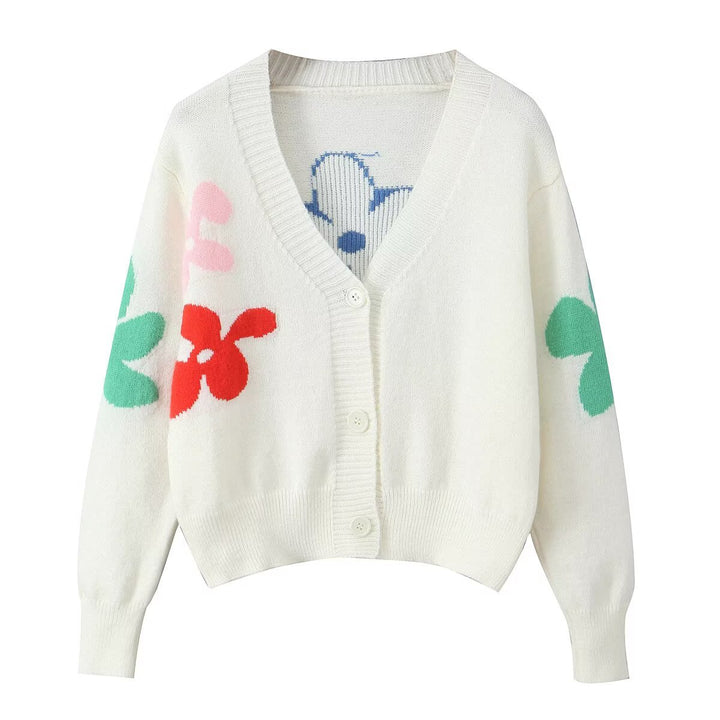 Damen gemütlicher Strickcardigan mit buntem Blumenmuster Drune