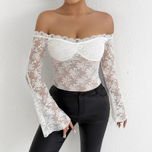 Damen Spitzenoberteil mit schulterfreiem Design und eleganten Trompetenärmeln Drune