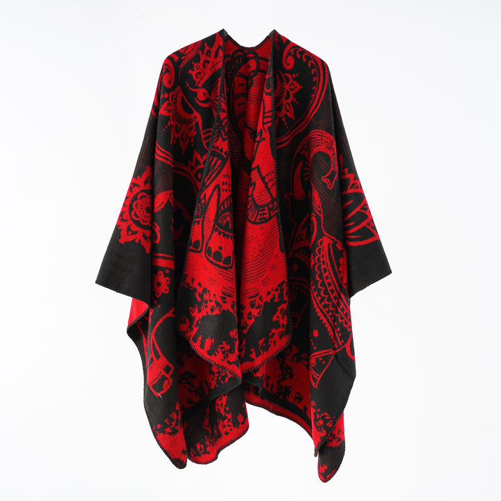 Damen eleganter Übergang-Poncho mit kunstvollem floralen Muster und fransigen Abschlüssen Drune