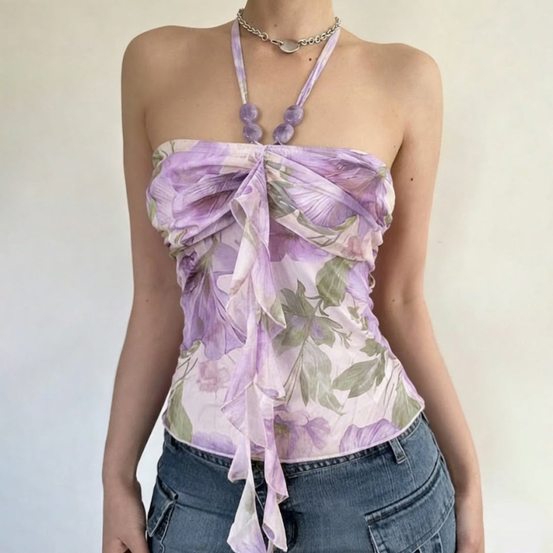 Damen Neckholder-Bluse mit floralem Design und raffiniertem Lockenabschluss Drune