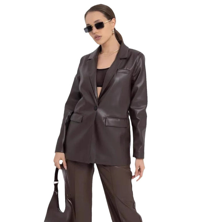 Damen minimalistische und elegante Kunstleder Blazer Drune