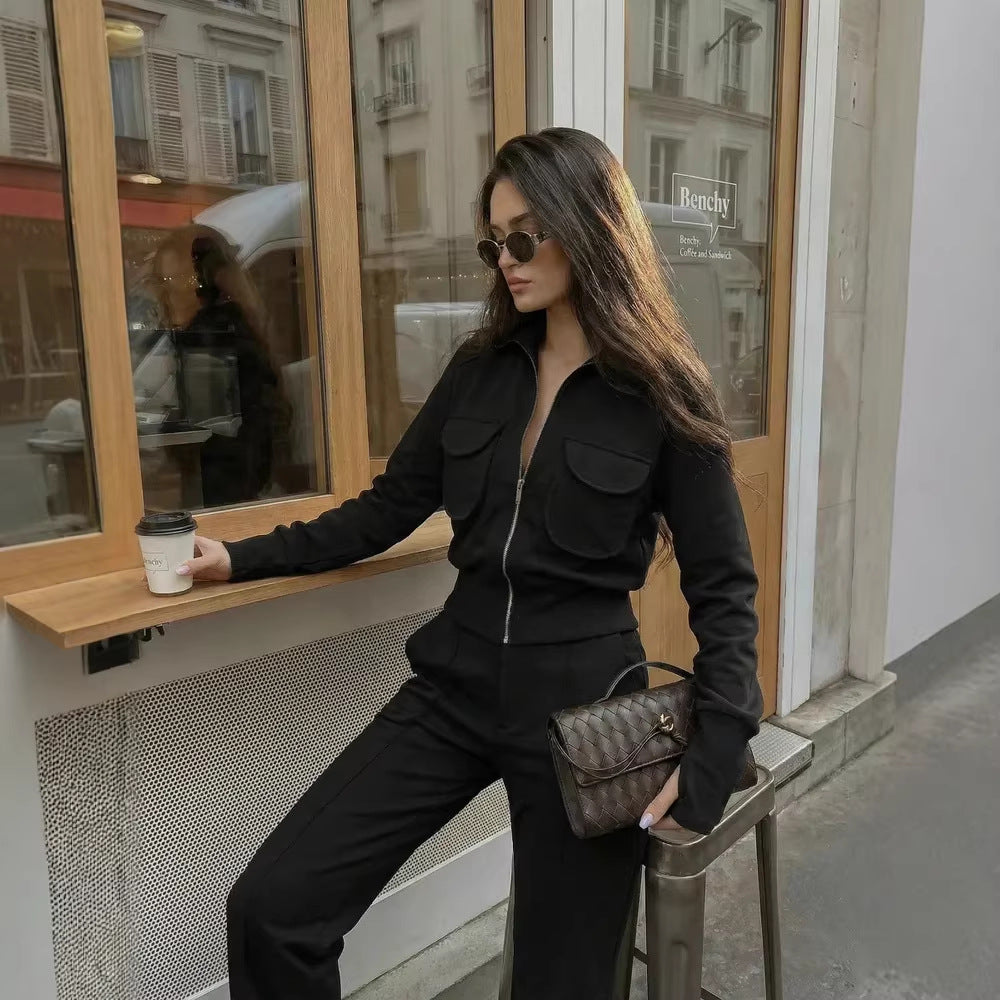 Damen warmer Sweatanzug mit praktischen Taschen und hohem Kragen Drune