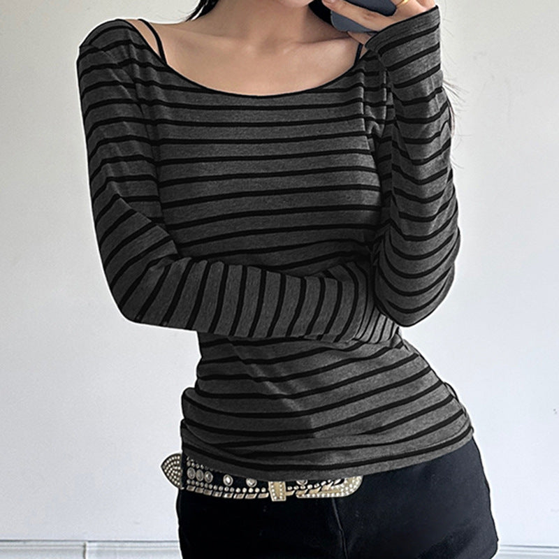 Damen nan schulterfreies gestreiftes Langarmshirt mit weitem U-Boot-Ausschnitt und figurbetonter Taillierung Drune