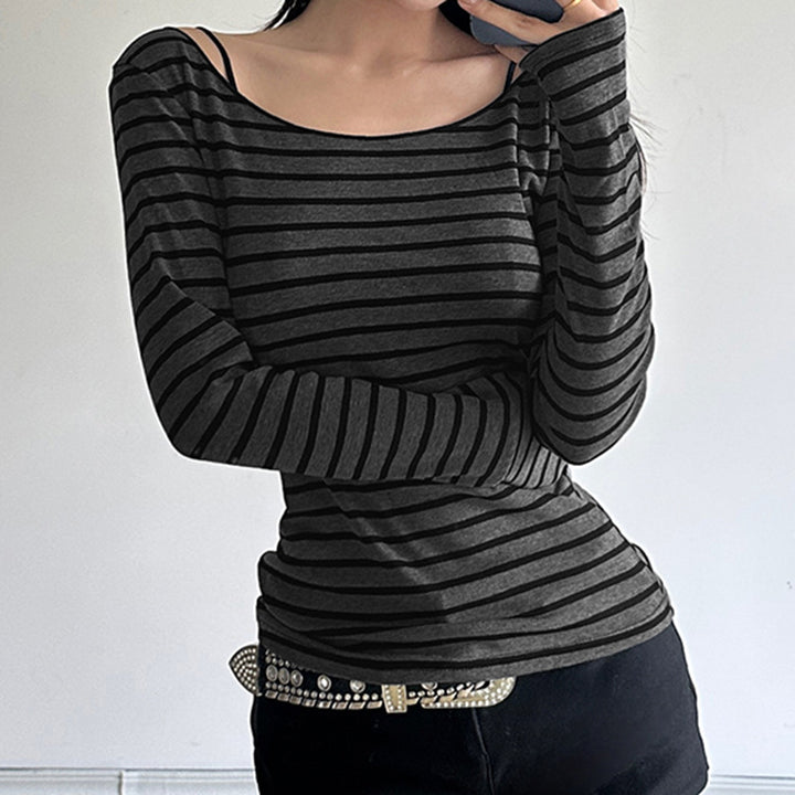 Damen nan schulterfreies gestreiftes Langarmshirt mit weitem U-Boot-Ausschnitt und figurbetonter Taillierung Drune