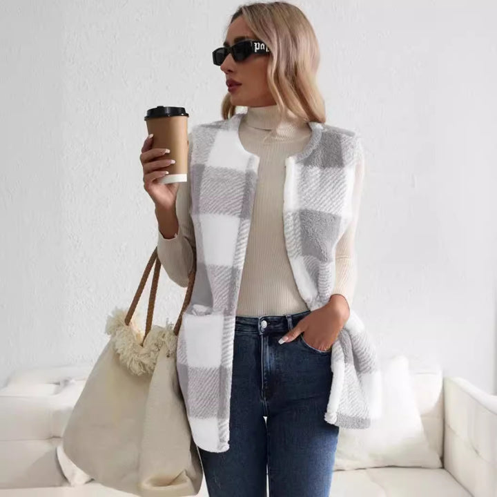 Damen Weicher Plaid-Weste mit seitlichen Taschen und gemütlichem Schnitt Drune