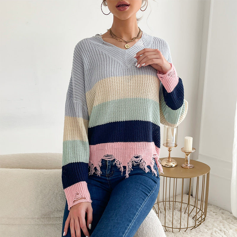 Damen lässiger Strickpullover mit fransigen Saumdetails Drune