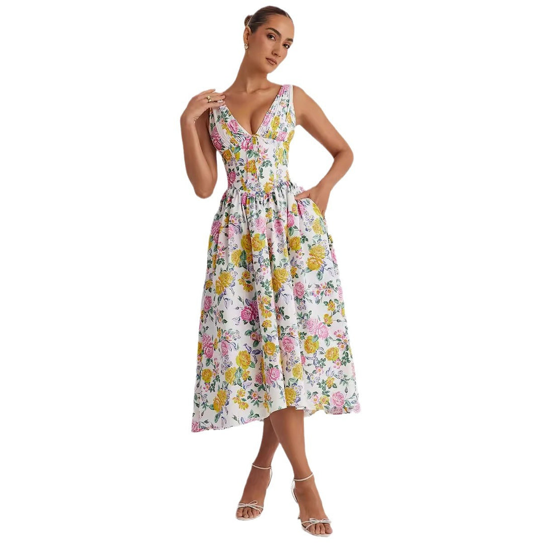 Damen Midikleid mit floralen Akzenten und tailliertem Oberteil Drune