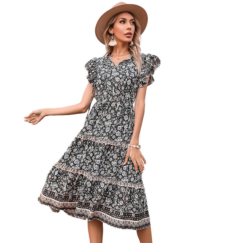 Damen Sommerkleid mit Rüschendetails und floralen Mustern Drune