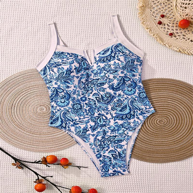 Damen Einteiler Badeanzug mit floralem Design und modischem V-Ausschnitt Drune