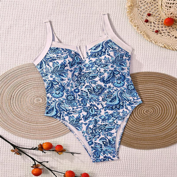 Damen Einteiler Badeanzug mit floralem Design und modischem V-Ausschnitt Drune