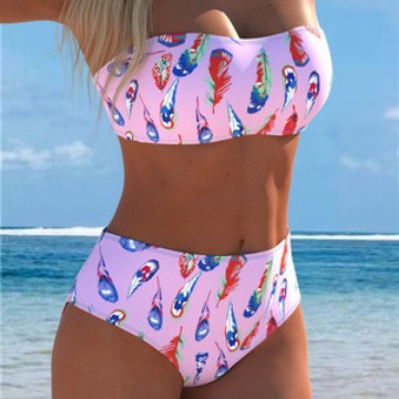 Damen Bandeau-Bikini mit einzigartigem Federmuster und hohem Taillenschnitt Drune