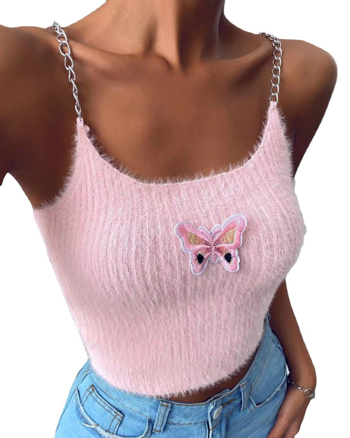 Damen cropped Top mit dekorativem Schmetterlings-Design und Kettenträger Drune