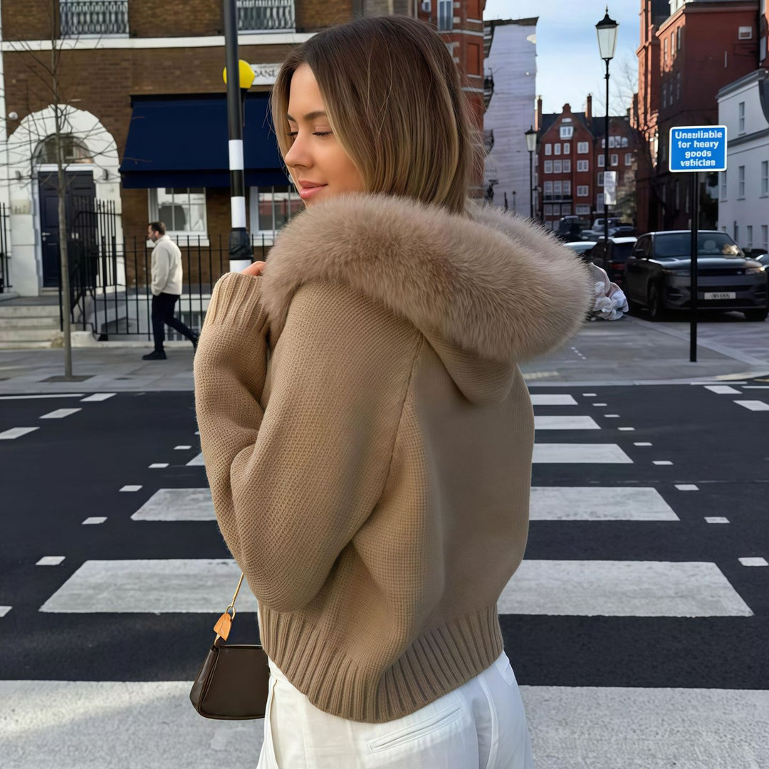 Damen Strickjacke mit Kunstfellkapuze Drune