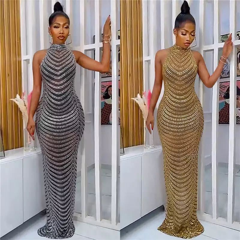 Damen Glamouröses Pailletten-Maxikleid mit figurbetontem Schnitt und schickem Rückenausschnitt Drune