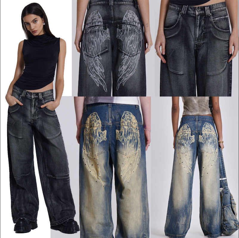 Damen weite Jeans mit kunstvollem Flügel-Design und einzigartigen Details Drune