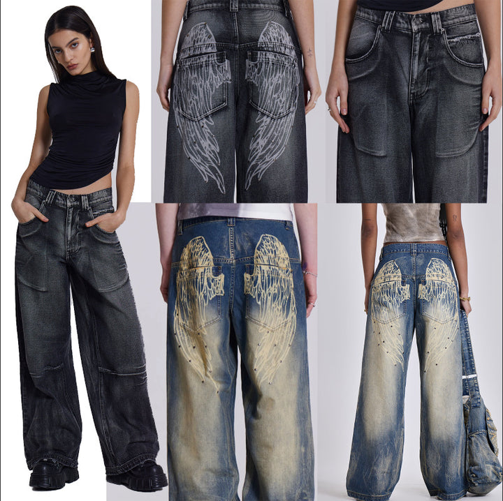 Damen weite Jeans mit kunstvollem Flügel-Design und einzigartigen Details Drune