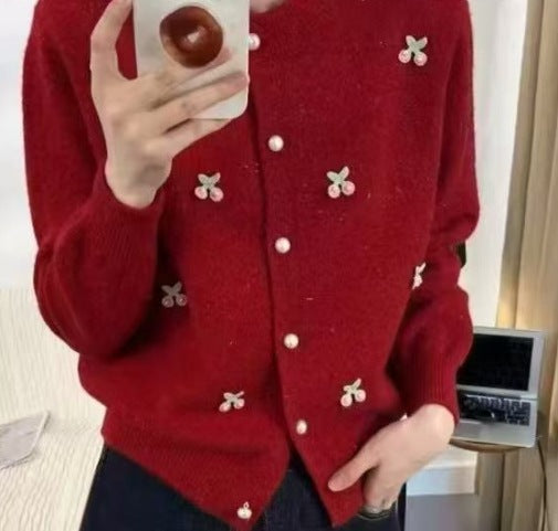 Damen modische Strickjacke mit Bärenapplikationen und Knopfdetails Drune