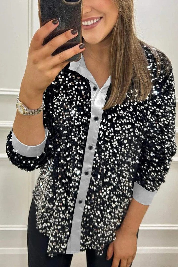 Damen Funkelnde Paillettenbluse mit klassischem Kragen Drune
