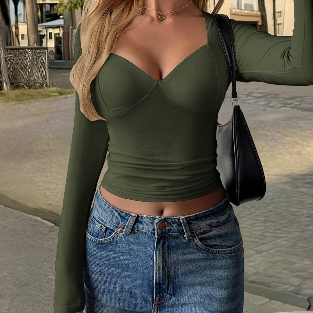 Damen nan figurbetontes Langarm-Crop-Top mit integriertem Bustier, Bügeln und formender Passform Drune