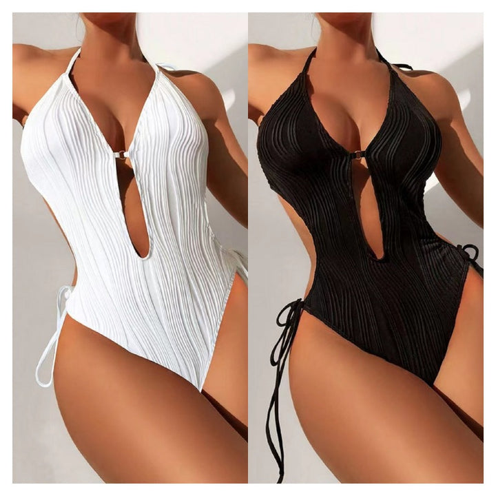 Damen Einteiler Badeanzug mit tiefem Ausschnitt und Rippendesign Drune