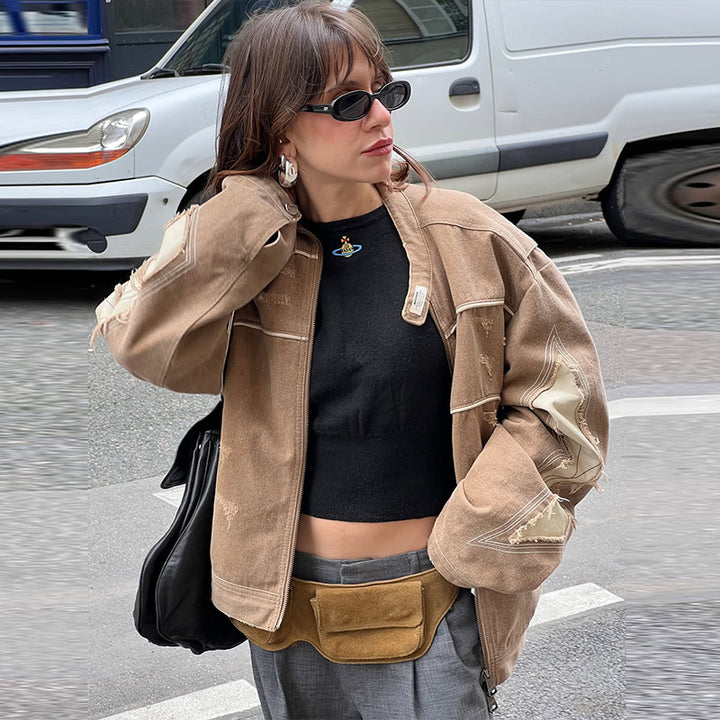 Damen Modische Jacke im Vintage-Stil mit kunstvollen Ziernähten und abgetragenem Effekt Drune