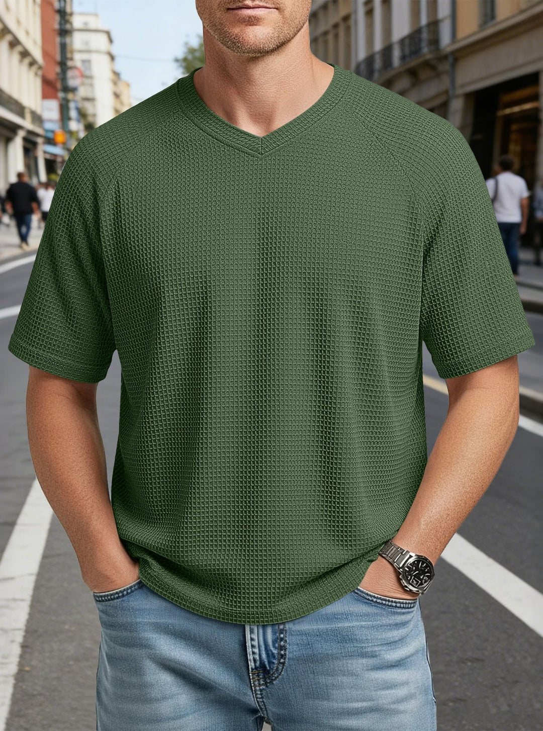 Herren nan lässiges V-Ausschnitt Waffelstrick-T-Shirt aus atmungsaktivem Baumwollmix Drune
