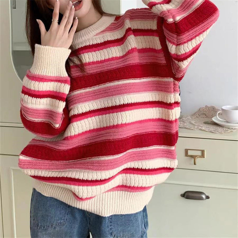 Damen lässiger Pullover mit strukturiertem Streifenmuster Drune