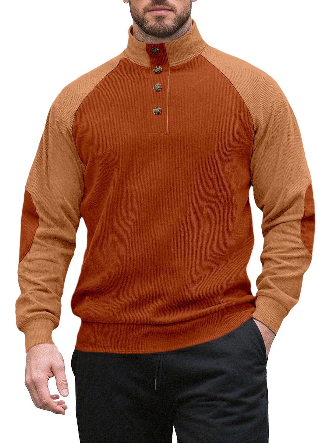 Herren nan zweifarbiger Ripptroyer mit asymmetrischer Knopfleiste und Velours-Ellbogenpatch Drune