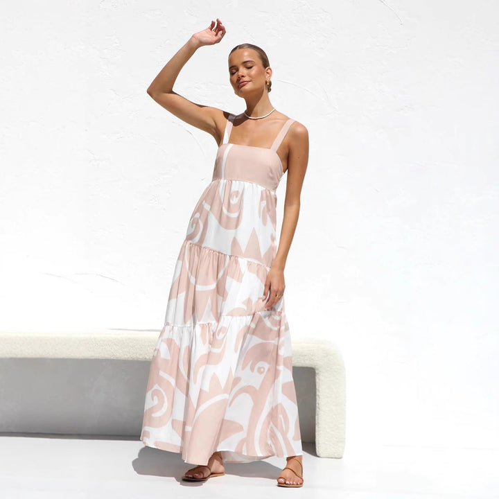Damen Maxikleid mit modernem grafischen Muster und luftigen Volants Drune