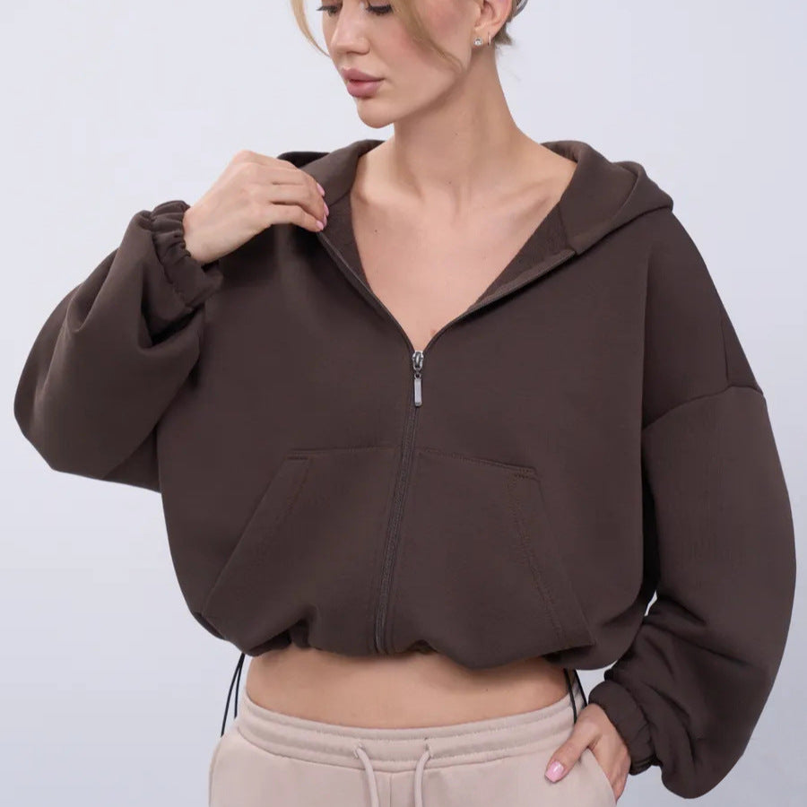 Damen lässiger cropped Kapuzenpullover mit voluminösen Ärmeln Drune