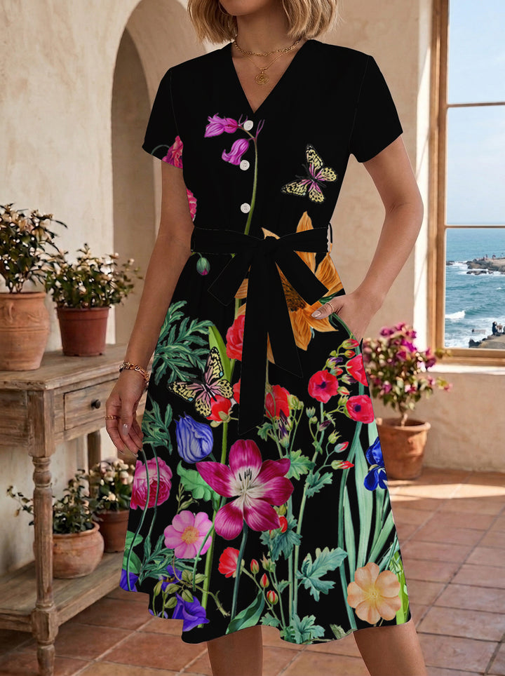 Damen Blühendes Midikleid mit taillierbarem Gürtel und kunstvollem Print Drune