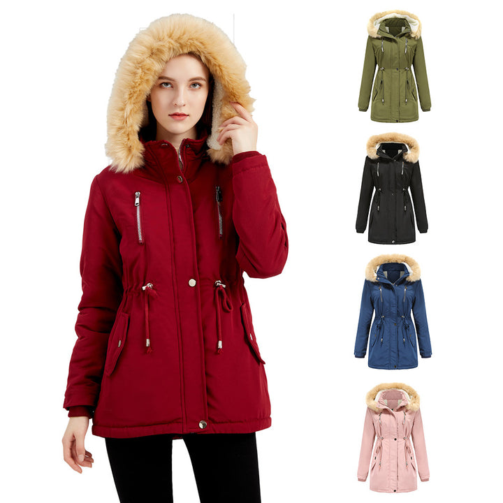 Damen modische Outdoor-Jacke mit abnehmbarem Kunstfellkragen und elastischem Taillenzug Drune
