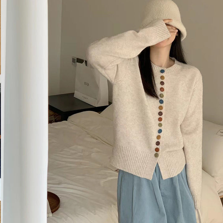 Damen Strickjacke mit bunten Knopfdetails und weich-gefilztem Material Drune