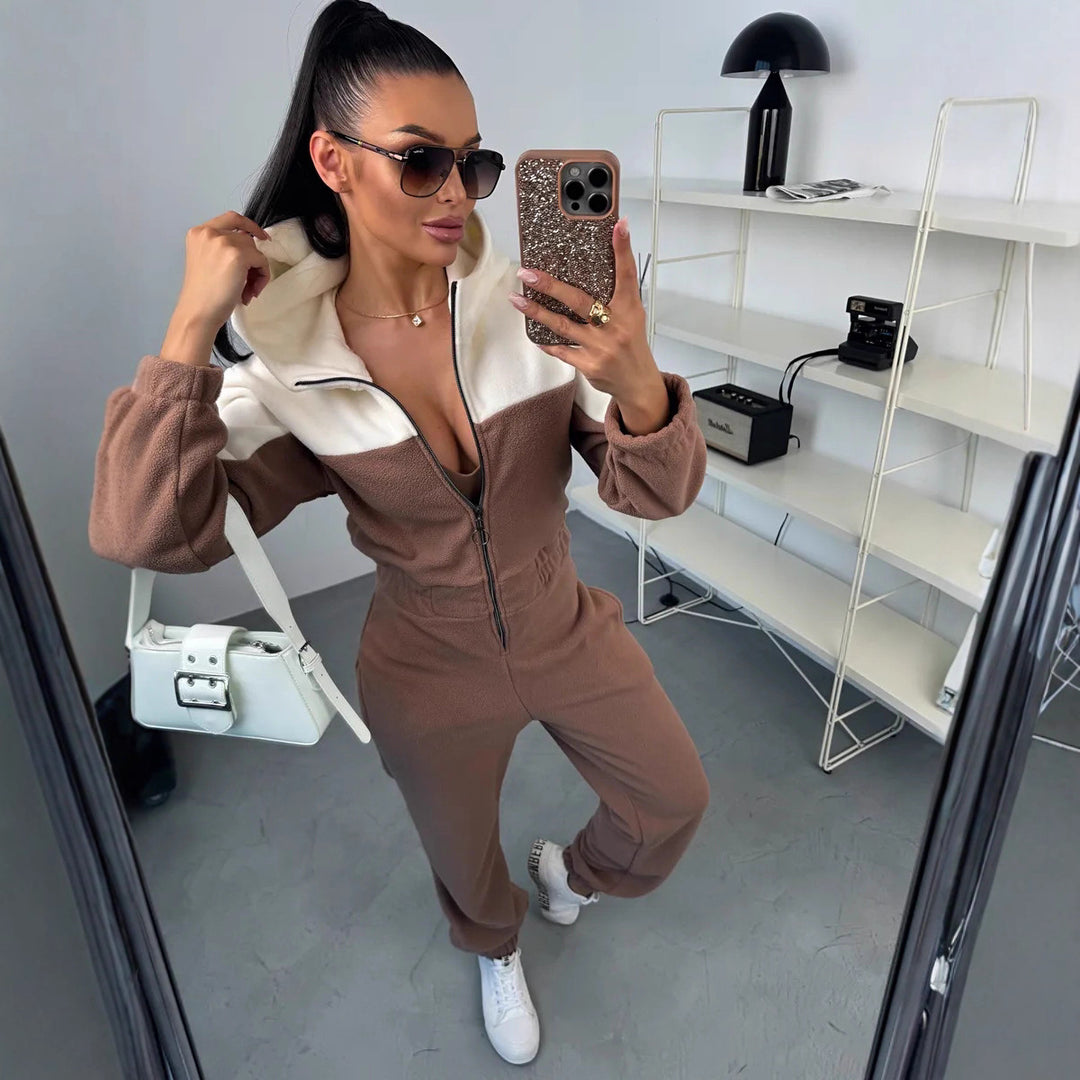 Damen lässiger Fleece-Overall mit elegantem Reißverschluss und Kapuze Drune