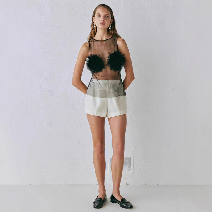 Damen Transparente Bluse mit voluminösen Rüschen Drune