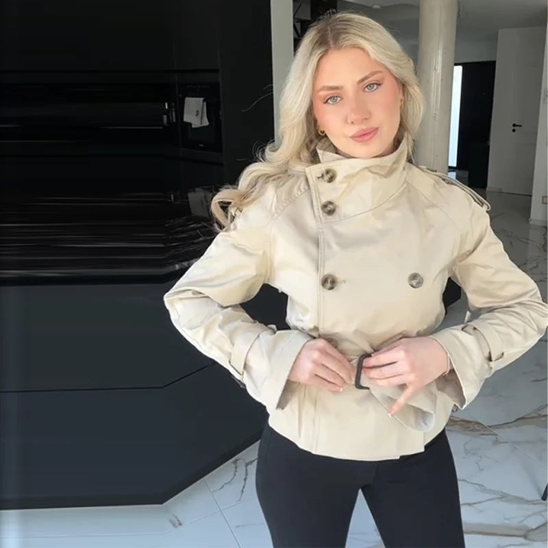 Damen modische Kurztrenchjacke mit doppelter Knopfreihe und Taillengürtel Drune