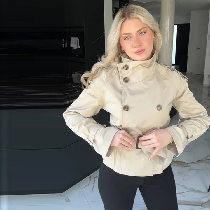 Damen modische Kurztrenchjacke mit doppelter Knopfreihe und Taillengürtel Drune
