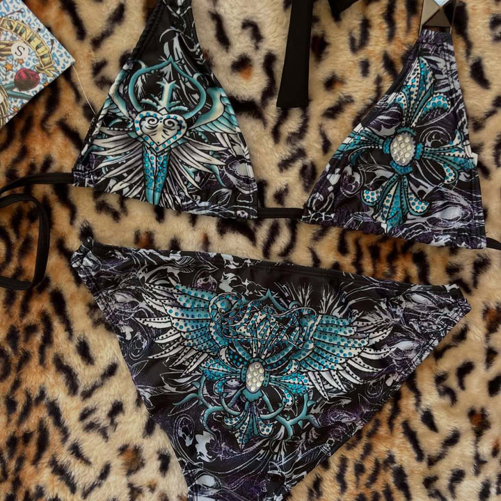 Damen Triangel-Bikini mit floralem Muster und Strass-Applikationen Drune