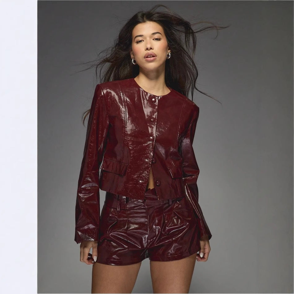 Damen Kunstlederjacke mit glänzendem Finish und eleganten Blenden Drune