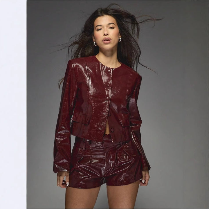 Damen Kunstlederjacke mit glänzendem Finish und eleganten Blenden Drune