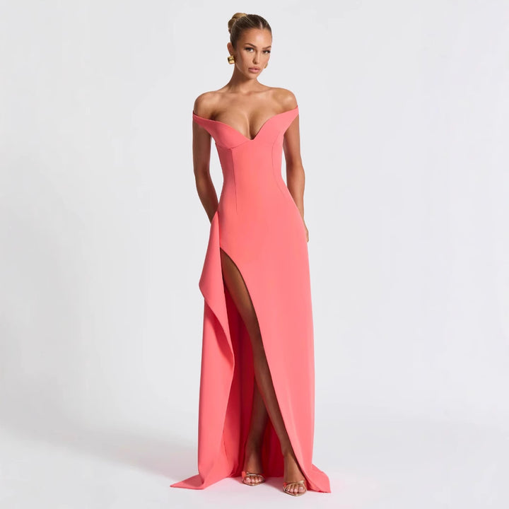 Damen Elegantes Maxikleid mit schulterfreiem Design und hohem Schlitz Drune