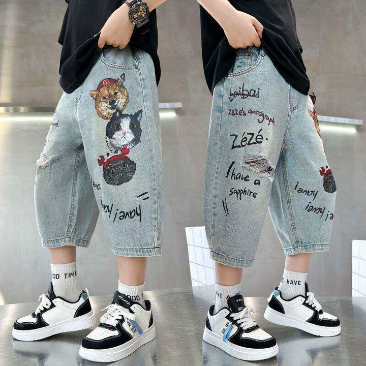 Unisex lockere Denim-Cargo-Shorts mit kreativen Tiermotiven Drune
