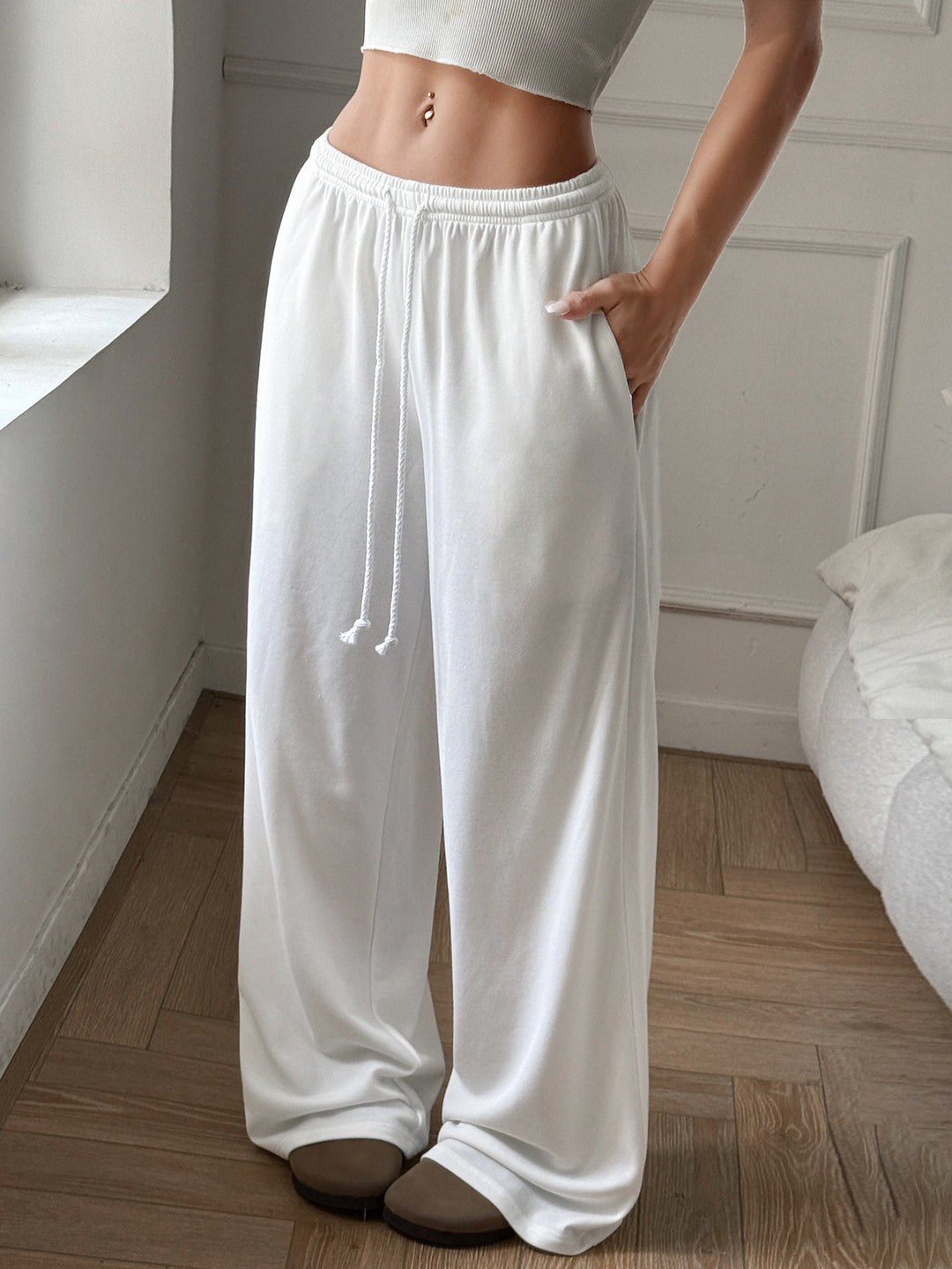 Damen entspannte Palazzo-Hose mit elastischem Bund und praktischen Seitentaschen Drune