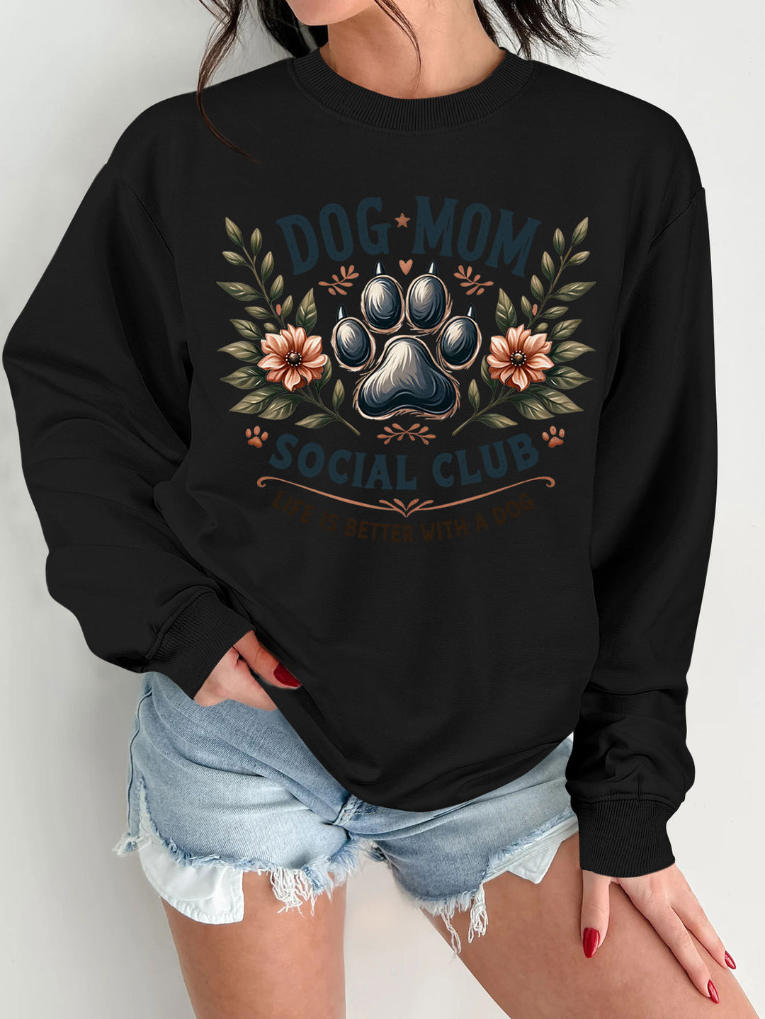 Damen Sweatshirt mit trendigem Hundemotiv und aufgepepptem Aufdruck Drune